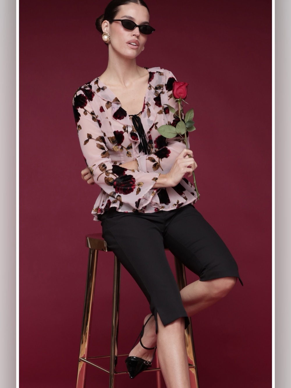 Avec Les Filles Burnout Velvet Floral Ruffle Blouse Pink Size S NWT - Picture 5 of 9